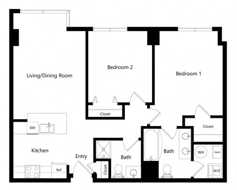 the two-bedroom San Diego floor plan at Midtown Crossing Apartments in Omaha, NE